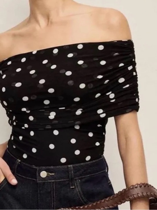 Abercrombie & Fitch Tops - Abercrombie & Fitch Black and White Polka Dot Off-Shoulder Bodysuit